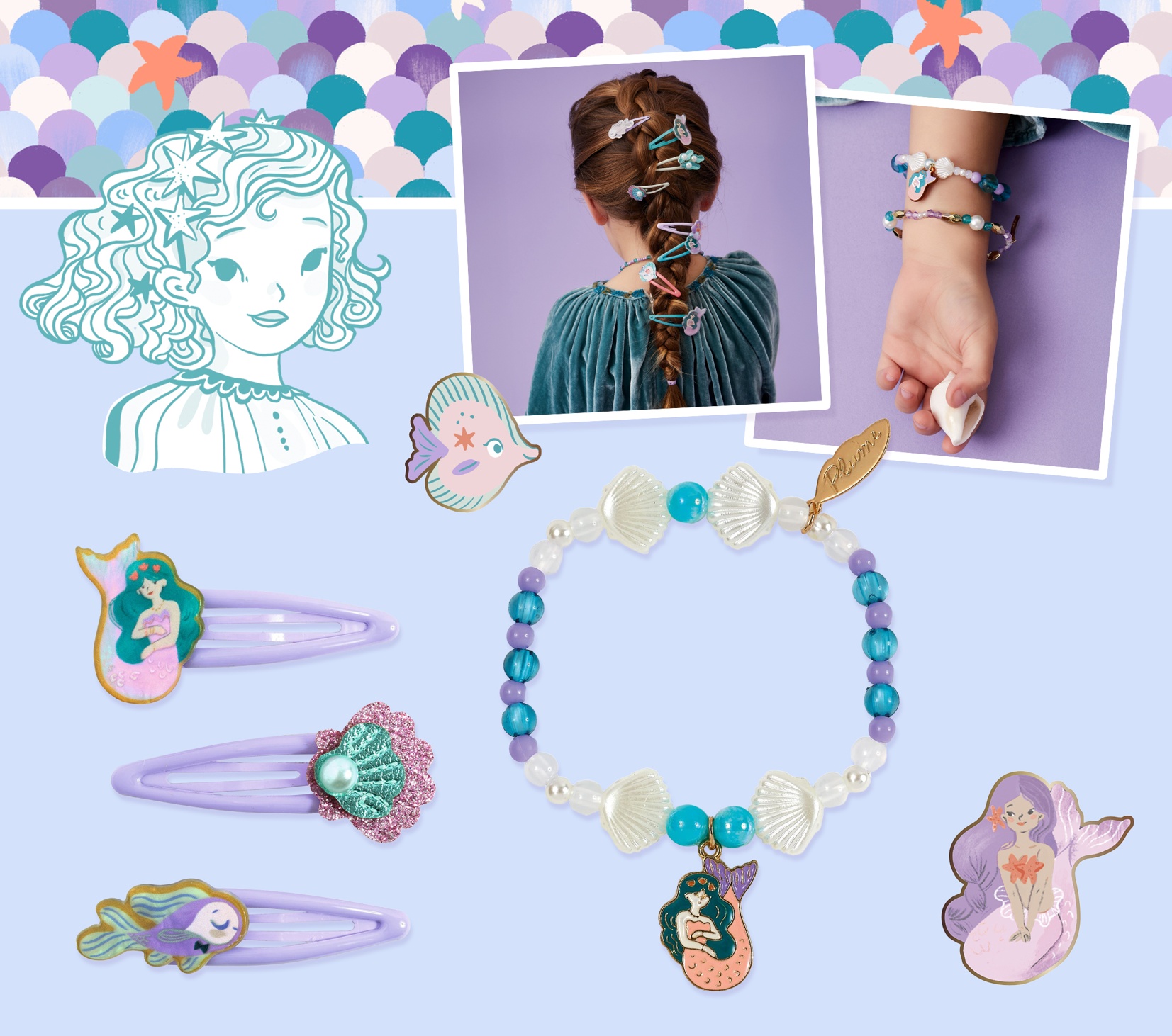 Djeco - MERMAID COLLECTION - PLUME - Loreleï + Marina Hair Clips + Coralie Bracelet