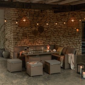 Aston 9 Seater Rattan Garden Corner Sofa Set with Fire Pit - Brown Weave