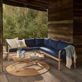 Shiro Navy Garden Set with Corner Sofa, Navy Cushions, and Coffee Table