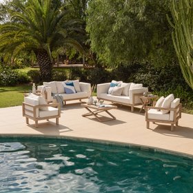 Akira 8 Seater Neutral Wooden Garden Sofa Set with Coffee and 2 Akira Side Tables