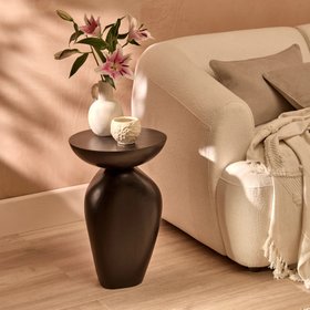 Alder jet black wooden side table with sculptural base