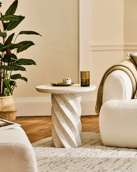 Bianca round side table in paprika terrazzo with twisted base