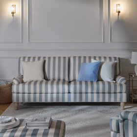 Brea cornflower blue striped 3 seater sofa with whitewash oak legs