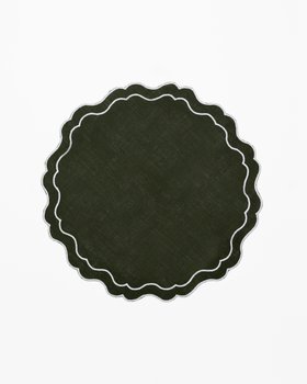 Forest Green, Scalloped Round Linen Placemats   Set Of 2