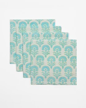 Contemporary Blue Floral - Block Printed Cotton Napkins - Set of 4