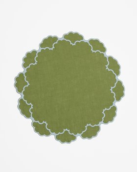 Fern Green, Scalloped Round Linen Placemats with Light Blue border, Set Of 2