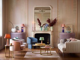 DFS Aurelia Boucle 4 Seater Sofa In Ivory, DFS Enchanted Accent Chair In Sensual Velvet Blush & Silver