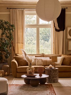 DFS Alani 4 Seater Sofa In Brass And Cream Combination With Oak Panelling  Dwell Eos Coffee Table In Smoke Oak, Available Exclusively At DFS From November 2025