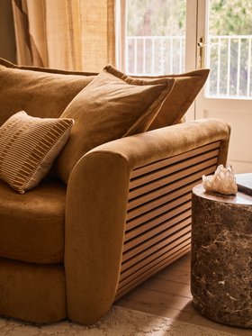 French Connection Molten 4 Seater Sofa In Molten Plain Caramel, Available Exclusively At DFS, Dwell Eos Side Table In Smoke Oak, Available Exclusively At DFS From November 2025