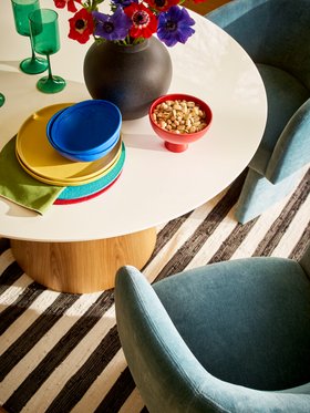 Dwell Terzo Dining Table In Gloss White And Oak, Available Exclusively At DFS Dwell Eisha Dining Chair In Blue, Available Exclusively At DFS