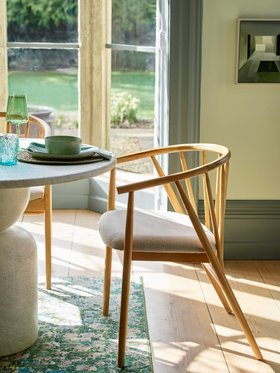 Agnes Large Dining Table In Faux Travertine, Available Exclusively At DFS From April 2026, Filip Spindle Chair, £189, Available Exclusively At DFS