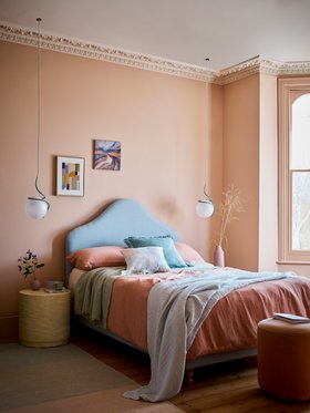 DFS Floria No Drawer Double Bedframe And Boyd Mattress In Sky, Dwell Eos Side Table In Travertine, Available Exclusively At DFS,  DFS Loco Pattern Scatter