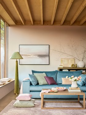 DFS Lovise Velvet 4 Seater Sofa in Sky, DFS Begonia Coffee Table, Agnes Sideboard, available exclusively at DFS, DFS Whitlock Large Rug, DFS Kian Scatter in Revive Grape, DFS Ava Bolster in