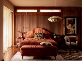 French Connection Belgravia King Bedframe in Rust, available exclusively at DFS, French Connection Belgravia Ottoman Box in Rust, available exclusively at DFS, DFS Hanley Set of 2 Bedside Tables in Burgundy, Loha Dining Chair in Latte, available exclusive