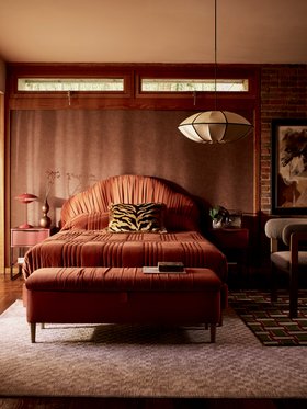 French Connection Belgravia King Bedframe in Rust, available exclusively at DFS, French Connection Belgravia Ottoman Box in Rust, available exclusively at DFS, DFS Hanley Set of 2 Bedside Tables in Burgundy, Loha Dining Chair in Latte, available exclusive