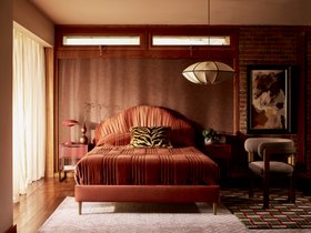 French Connection Belgravia King Bedframe in Rust, available exclusively at DFS, DFS Hanley Set of 2 Bedside Tables in Burgundy, Loha Dining Chair in Latte, available exclusive