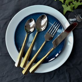 16 Piece Abha Rustic Gold Plain Hand Forged Steel Cutlery in an eco-friendly gift box