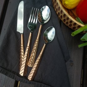 16 Piece Hema Rose Gold Rustic Chevron Handcrafted Steel Cutlery in an eco-friendly gift box