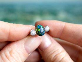 Antique Black Opal and Diamond Trilogy Ring