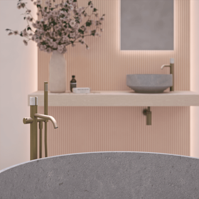 Macaron Floor Mounted Bath Mixer In Warm Brass (Handles - Beige Ecru)