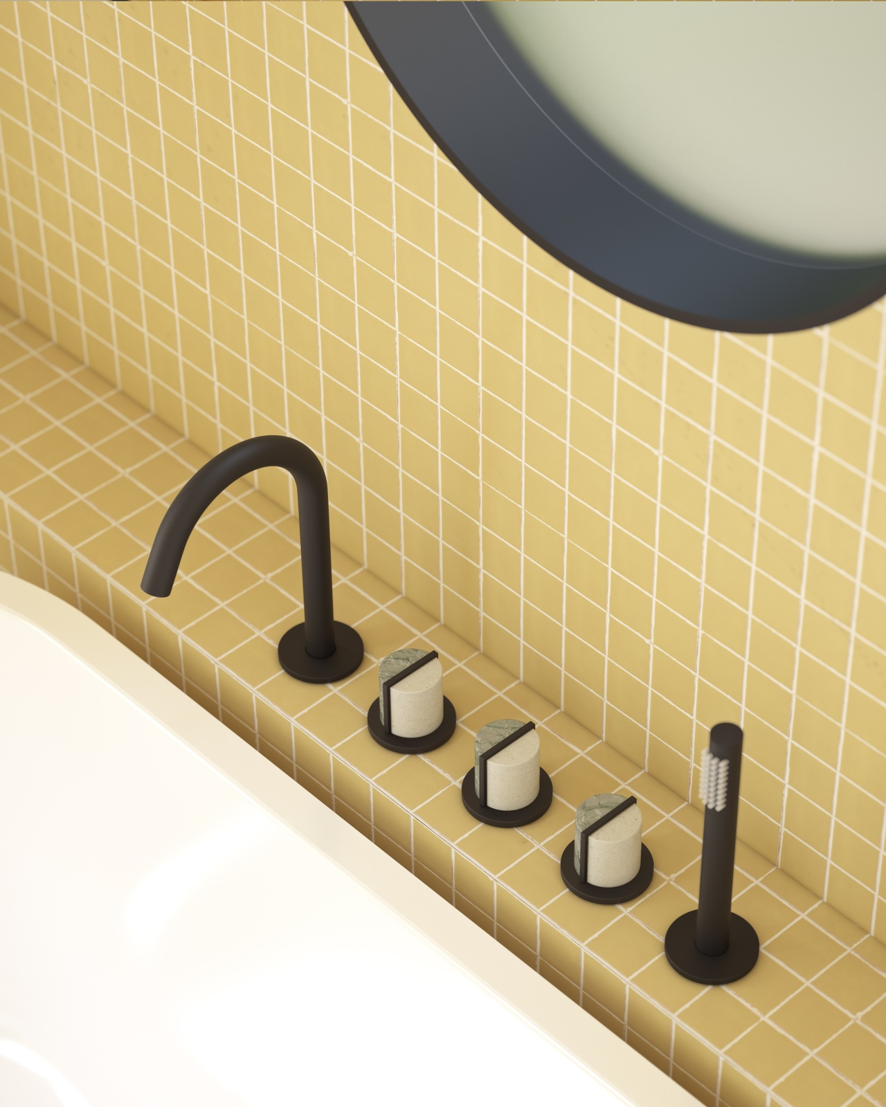 Deck Mounted Bath Set With Handshower And Swan Spout In Soft Black