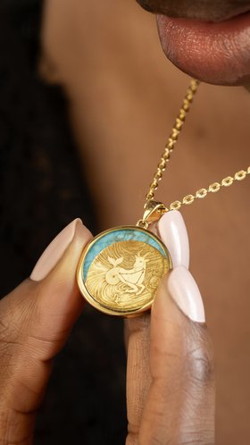 18k Gold Vermeil 25mm Zodiac 'Capricorn' Eclipse Bezel Necklace with a Turquoise Gemstone