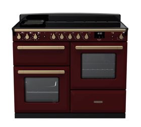 Estel Deluxe 110cm induction range cooker in Bordeaux with Antique Brass trim (offset oven configuration)
