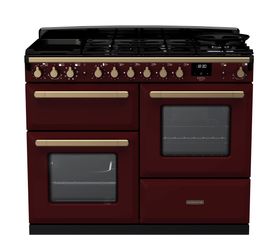 Estel Deluxe 110cm dual fuel range cooker in Bordeaux with Antique Brass trim (offset oven configuration)