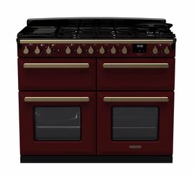 Estel Deluxe 110cm dual fuel range cooker in Bordeaux with Antique Brass trim (base oven configuration)