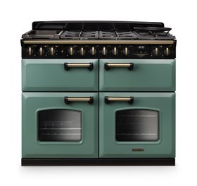 Classic Deluxe 110cm dual fuel range cooker in Mineral Green with Antique Brass trim (base configuration)