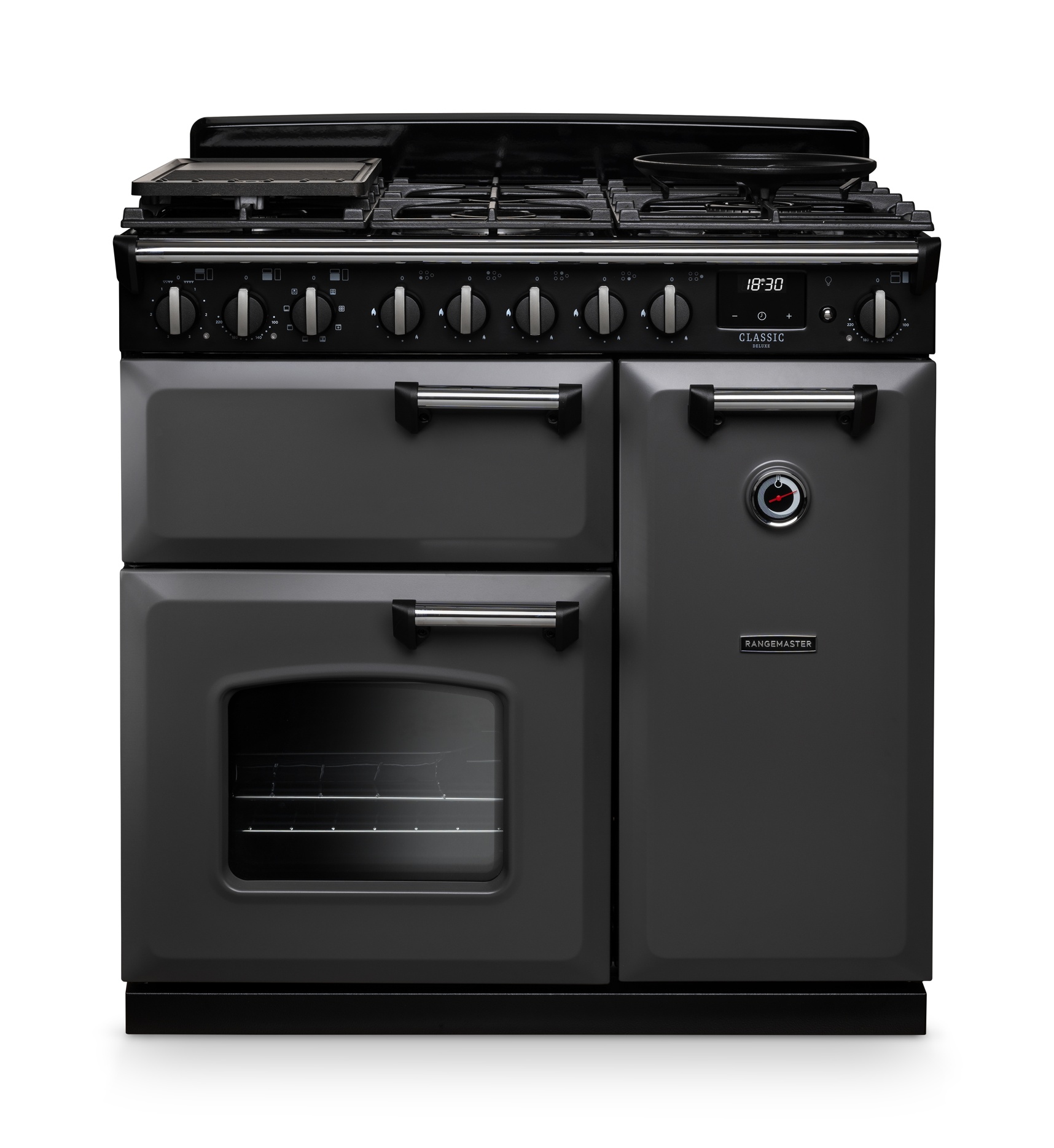 Classic Deluxe 90cm dual fuel range cooker in matt Charcoal Black with Chrome trim