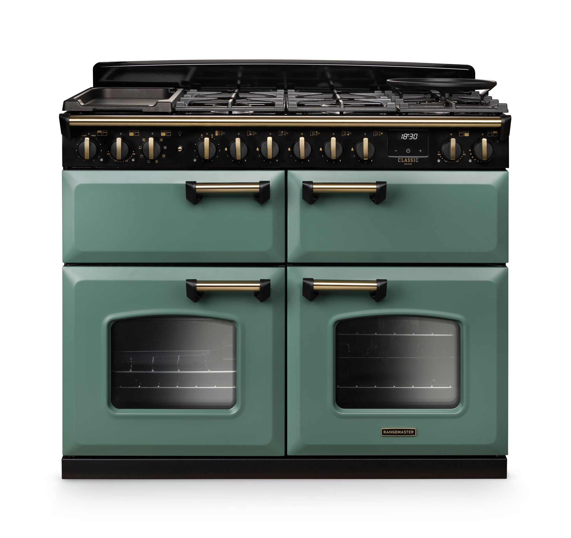 Classic Deluxe 110cm dual fuel range cooker in Mineral Green with Antique Brass trim (base configuration)