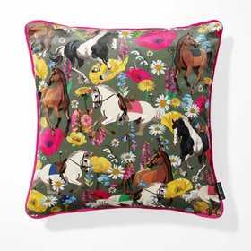 Equestrian Meadow Horses Khaki Green Velvet Cushion