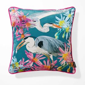 Grey Heron Turquoise Velvet Cushion