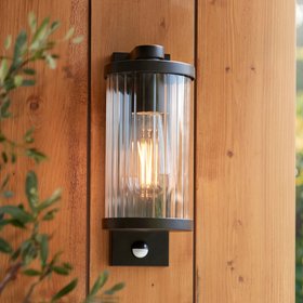 Endon Newcombe Outdoor Wall Light in Matt Black and Clear Ribbed Glass 1