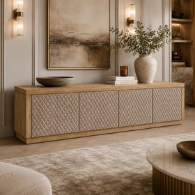 Designer Oak Veneered Quilted Leather Sideboard