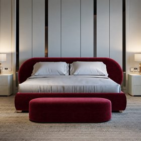 Curved Contemporary Burgundy Velvet Bed