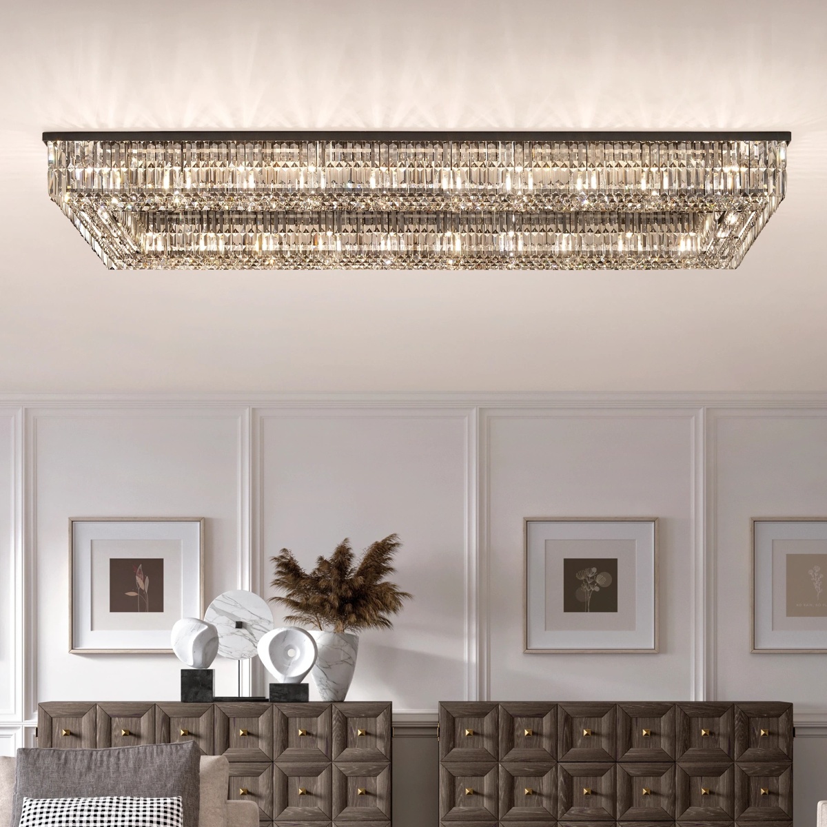 Rectangular Smoked Cut Crystal Ceiling Light