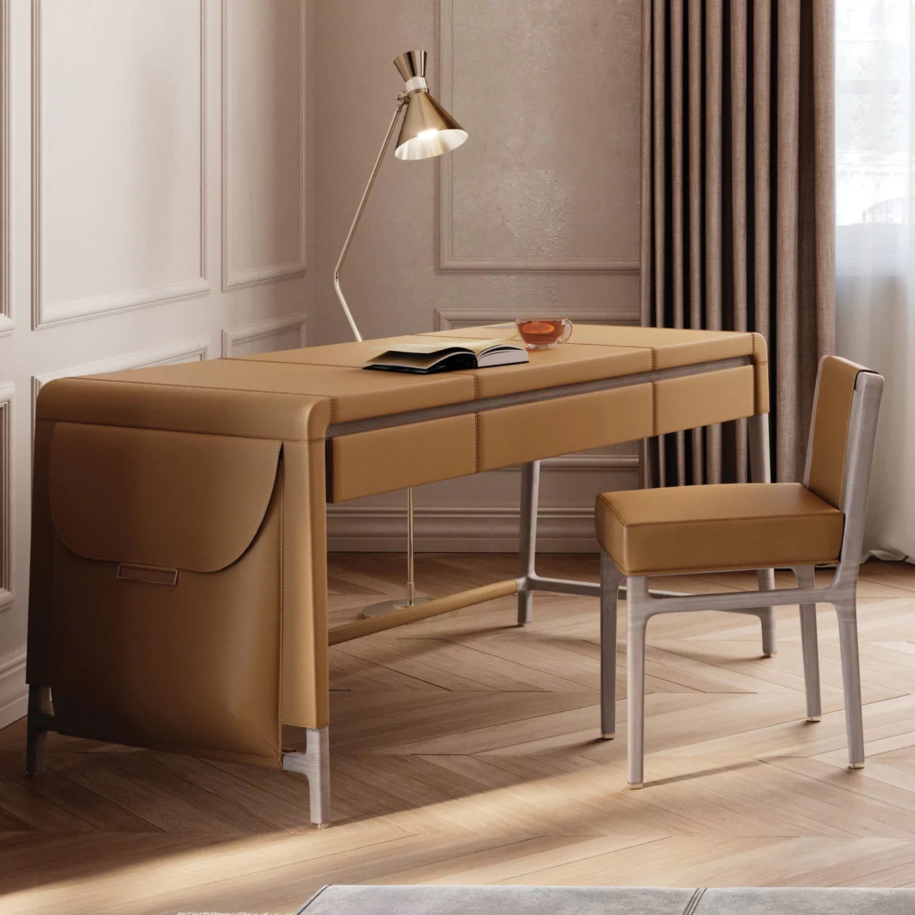 Exclusive High-End Leather Writing Desk & Chair Set