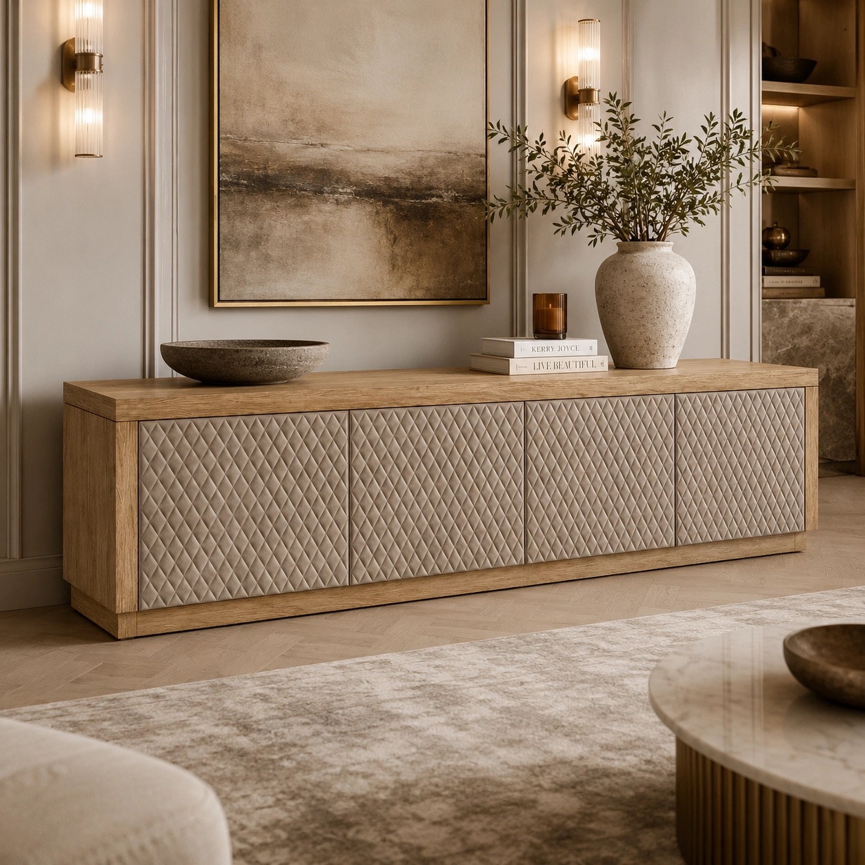 Designer Oak Veneered Quilted Leather Sideboard