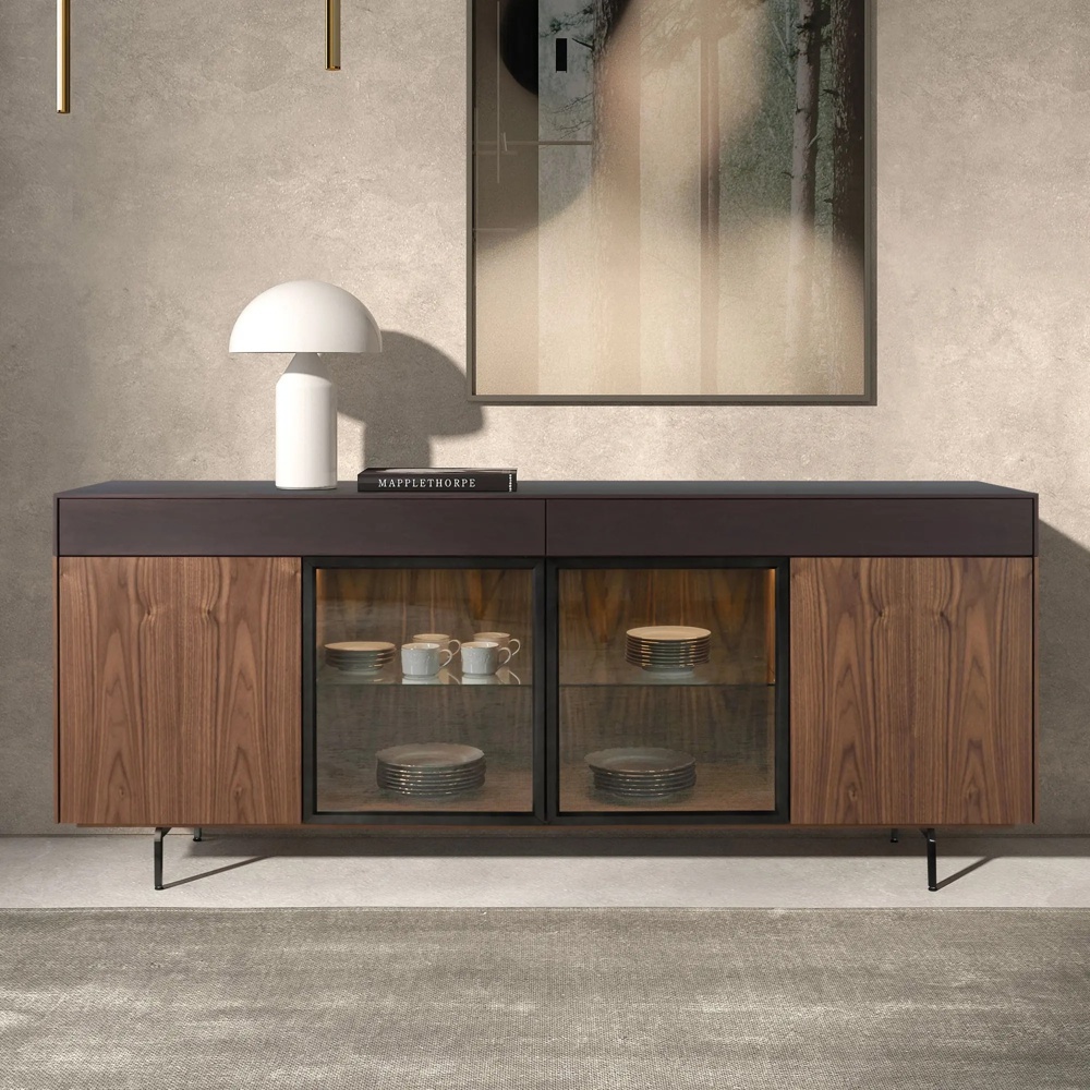Modern 4 Door Walnut Veneer Sideboard