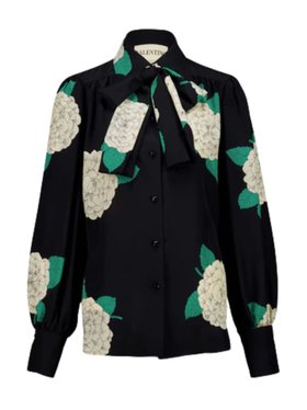 Valentino Garavani Black Ortensia Print Silk Shirt with Neck Tie