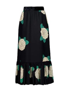 Valentino Garavani Black Midi Skirt with Hortensia Print
