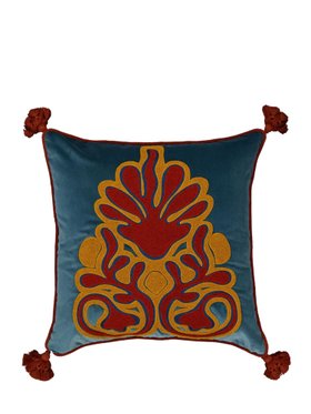 House of Capricorn Afonso Blue Velvet and Chenille Embroidered Cushion