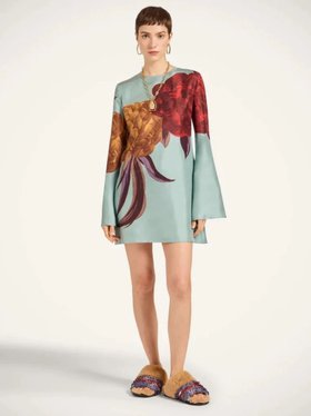 La DoubleJ Peony Print Light Blue Silk Mini Dress