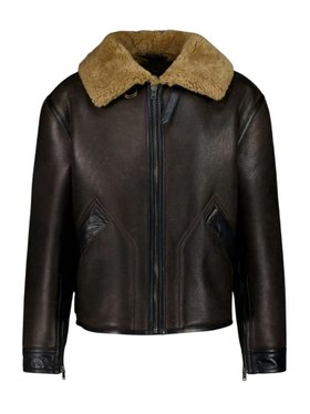 Lemaire Espresso Shearling Coat with Contrasting Leather Trim