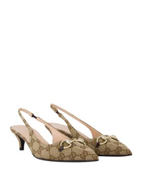 Gucci Beige GG Canvas Slingback Pumps with Horsebit