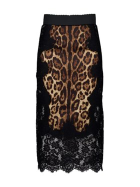 Dolce & Gabbana Leopard-Print Satin Midi Skirt with Lace Inserts