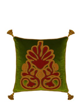House of Capricorn Teles Green Velvet and Chenille Embroidered Cushion