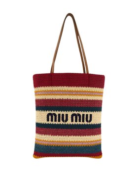 Miu Miu Bordeaux and Natural Raffia-Effect Woven Tote Bag